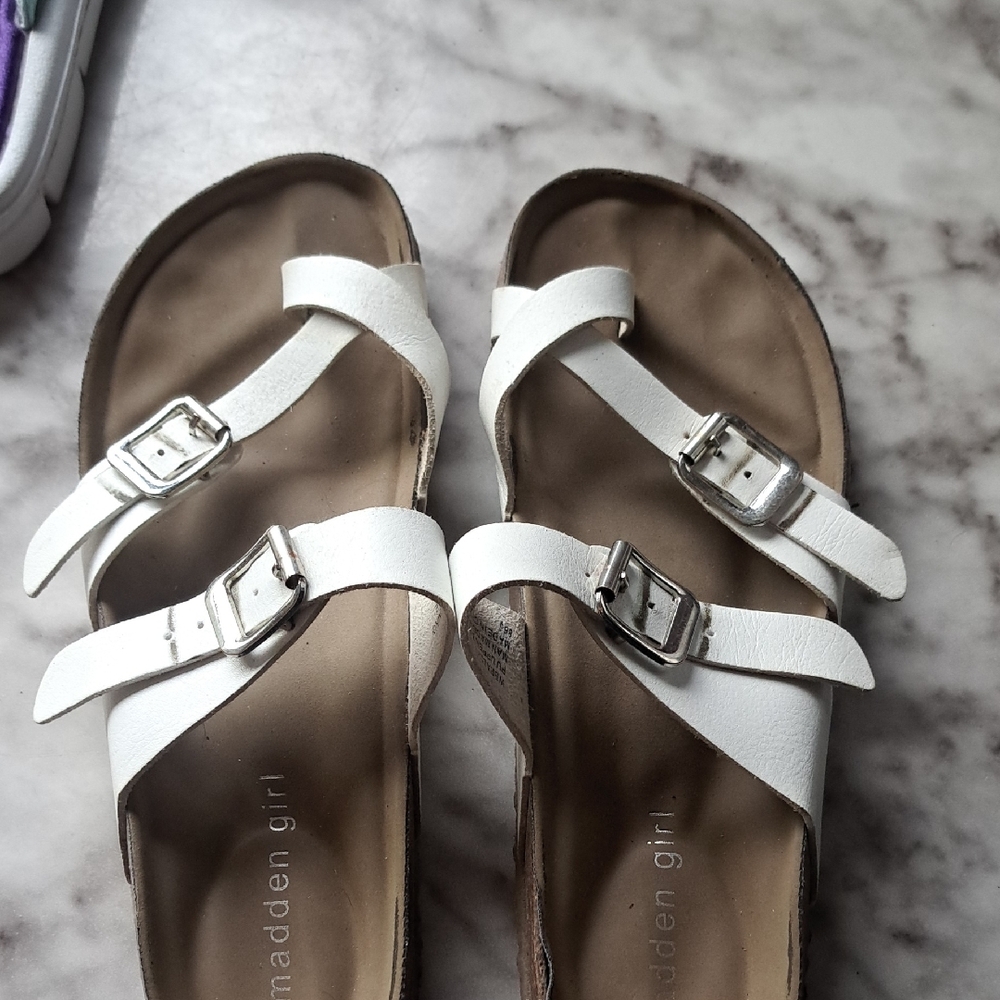 Madden Girl White Two-Strap Sandals with Adjustable Buckles